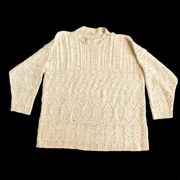 Vintage 90s UK Fisherman Cable Knit Sweater Ivory Long Sl Tweed Multi Pattern 1X - Picture 1 of 6